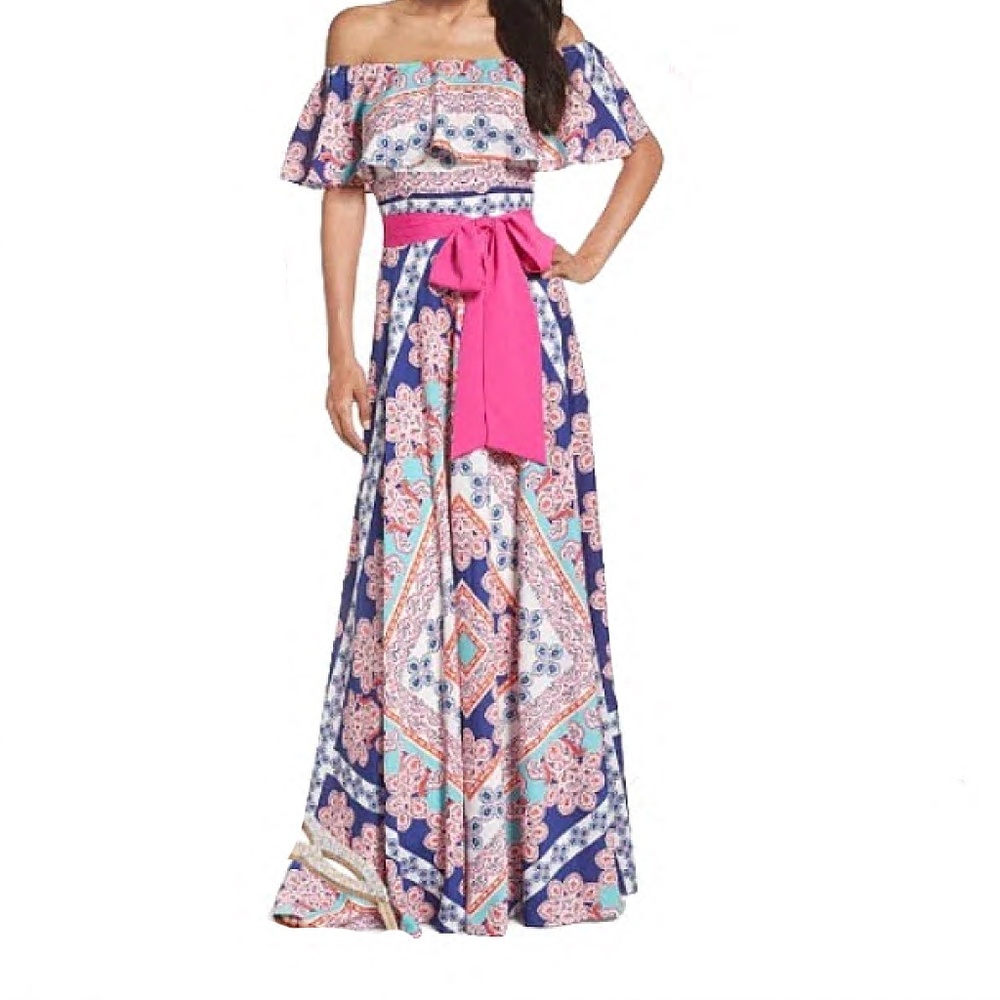 Eliza J Off Shoulder Floral Maxi Dress with Pink Belt
